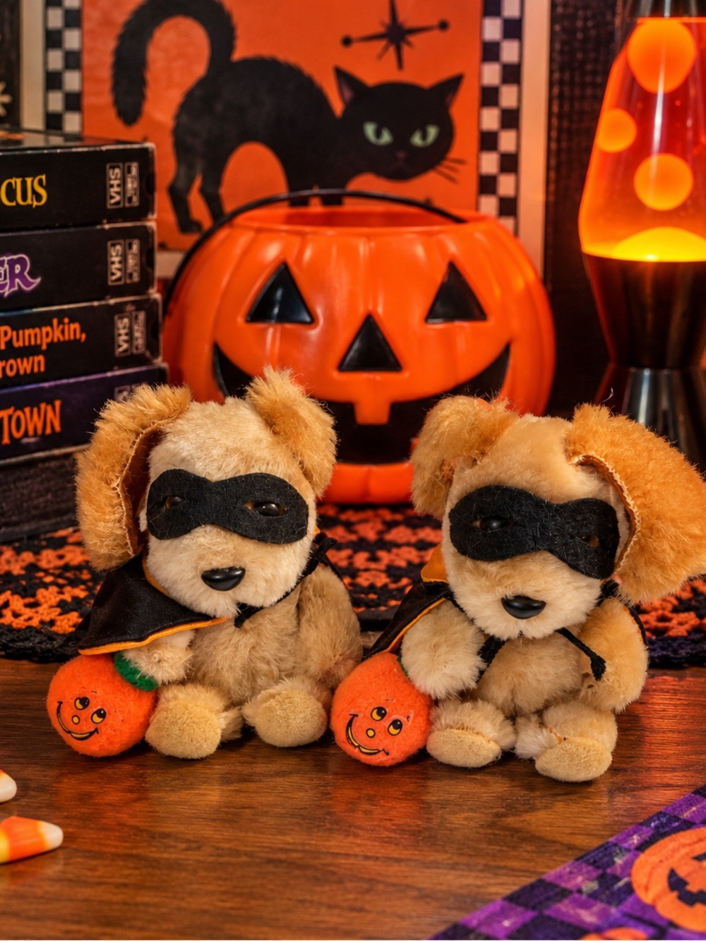 VTG RUSS BERRIE Mini Halloween Dog Pumpkin Stuffed Plush Ornament S/2 - 2.75”